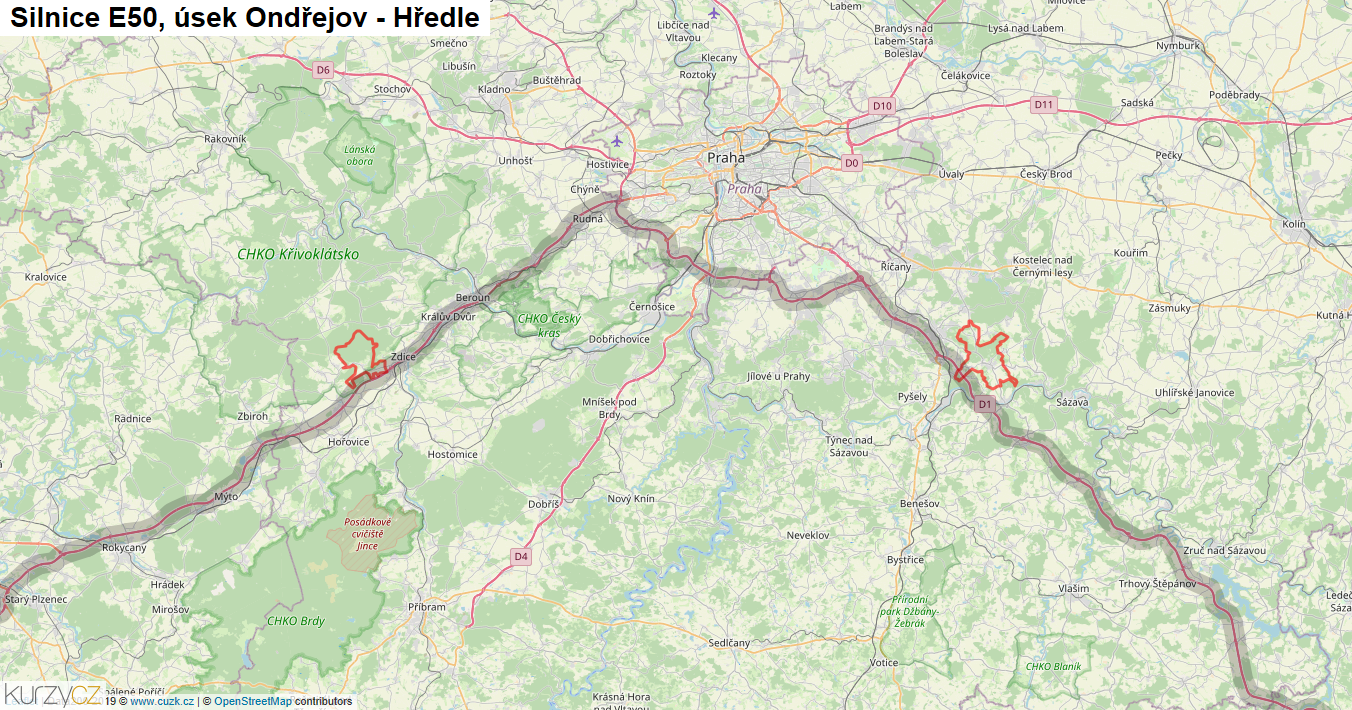 Úsek Ondřejov - Hředle, Silnice E50 - Mapa
