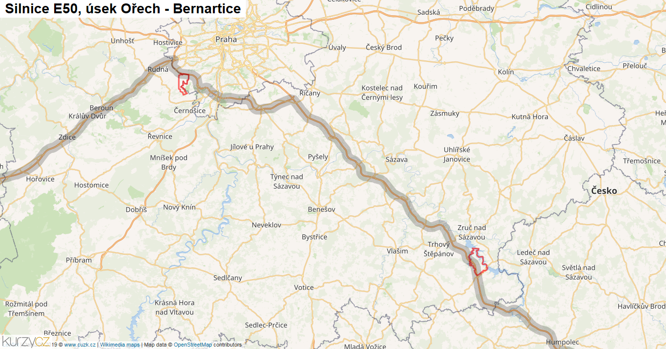 Úsek Ořech - Bernartice, Silnice E50 - Mapa