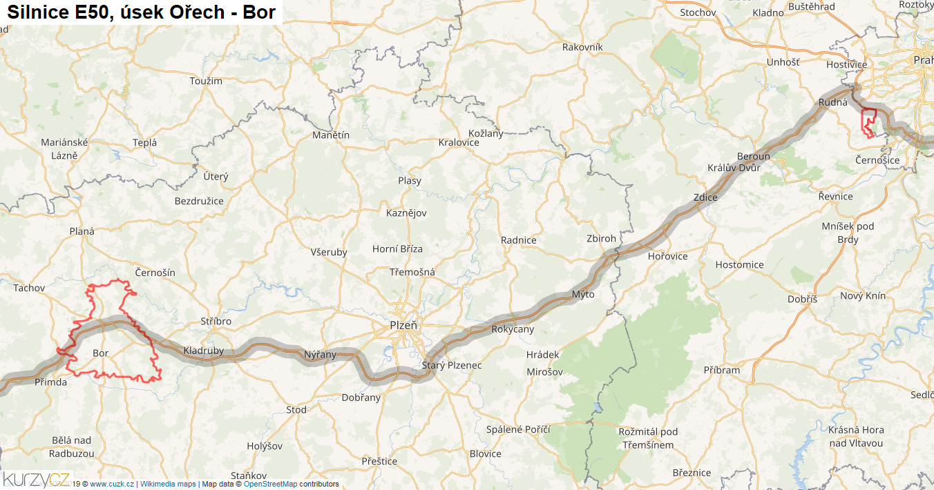 Úsek Ořech - Bor, Silnice E50 - Mapa