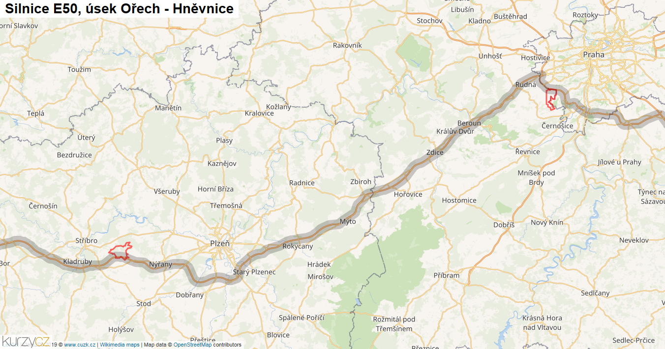 Úsek Ořech - Hněvnice, Silnice E50 - Mapa