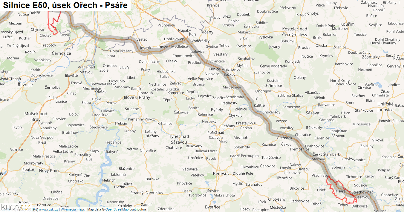 Úsek Ořech - Psáře, Silnice E50 - Mapa