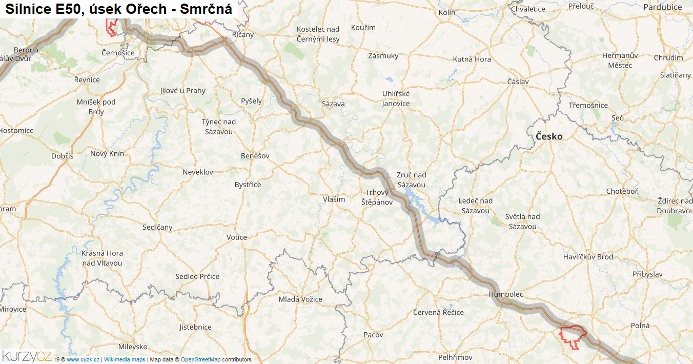 Úsek Ořech - Smrčná, Silnice E50 - Mapa