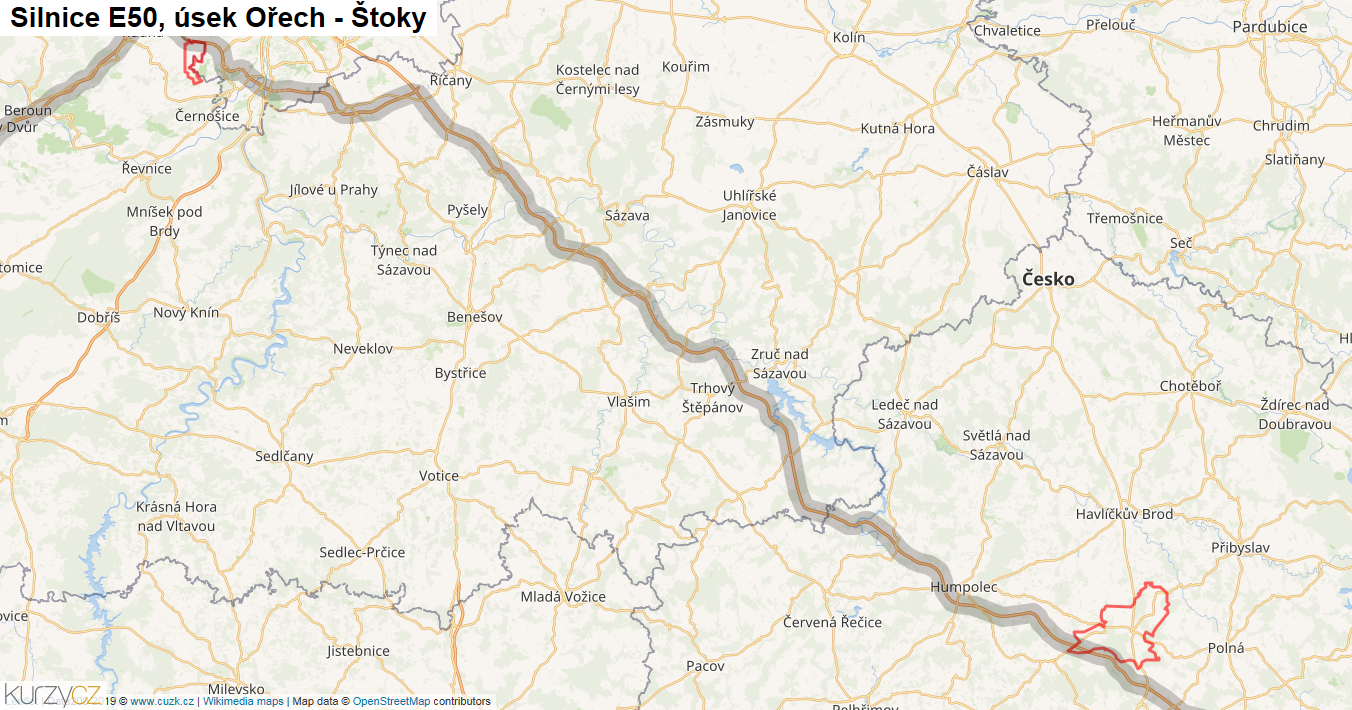Úsek Ořech - Štoky, Silnice E50 - Mapa