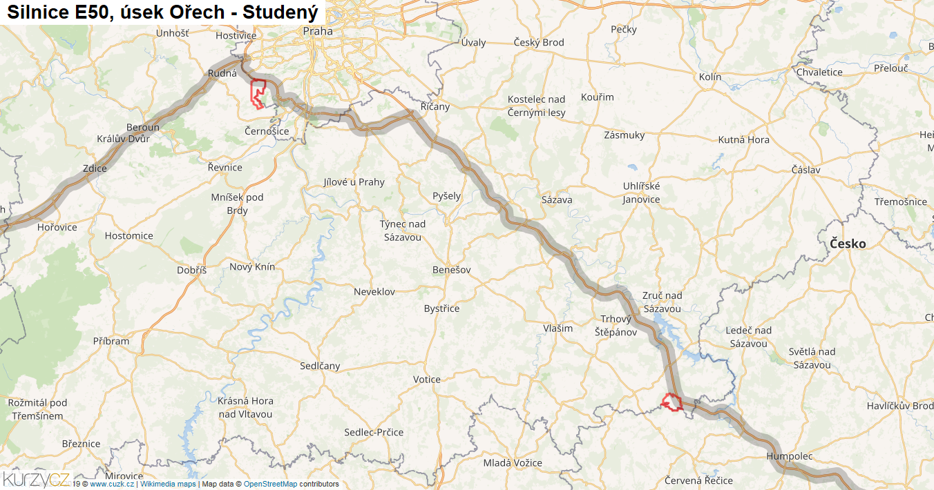 Úsek Ořech - Studený, Silnice E50 - Mapa