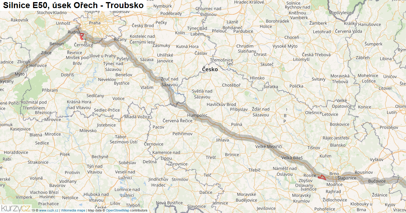 Úsek Ořech - Troubsko, Silnice E50 - Mapa