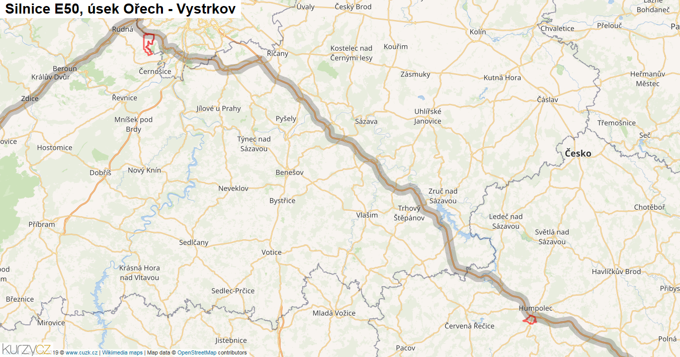 Úsek Ořech - Vystrkov, Silnice E50 - Mapa