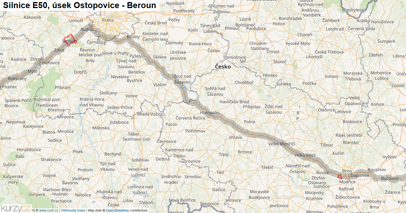 Úsek Ostopovice - Beroun, Silnice E50 - Mapa