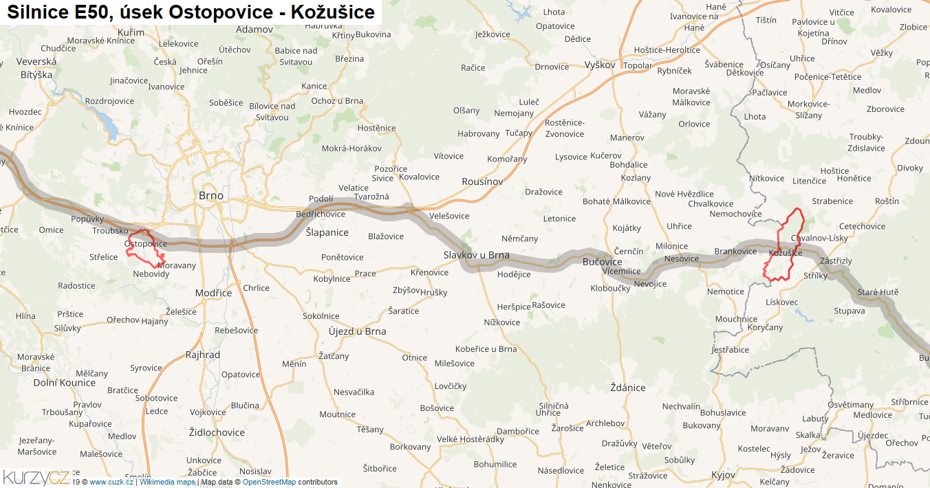 Úsek Ostopovice - Kožušice, Silnice E50 - Mapa