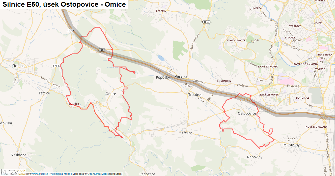 Úsek Ostopovice - Omice, Silnice E50 - Mapa