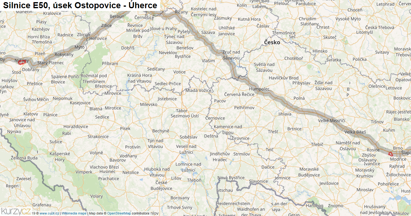 Úsek Ostopovice - Úherce, Silnice E50 - Mapa