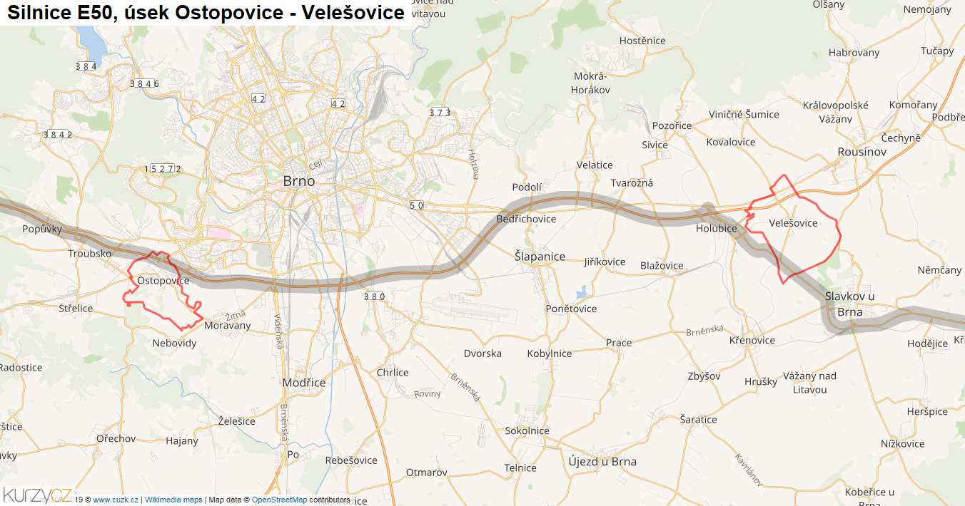 Úsek Ostopovice - Velešovice, Silnice E50 - Mapa