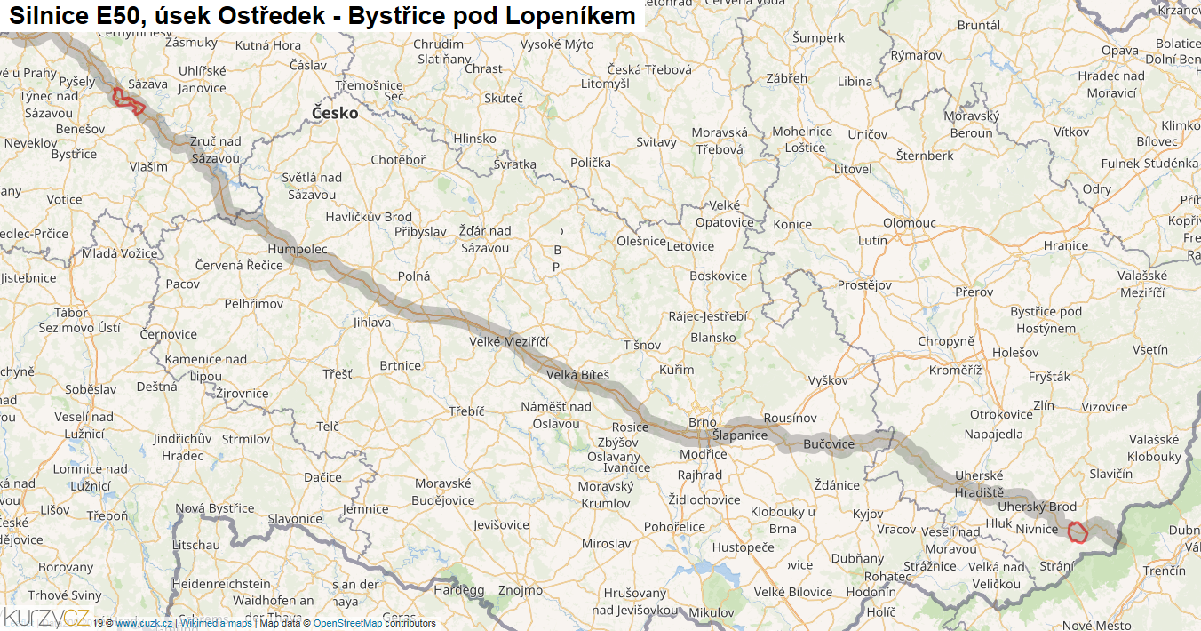 Úsek Ostředek - Bystřice pod Lopeníkem, Silnice E50 - Mapa