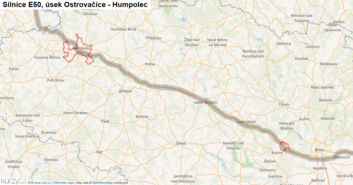 Úsek Ostrovačice - Humpolec, Silnice E50 - Mapa