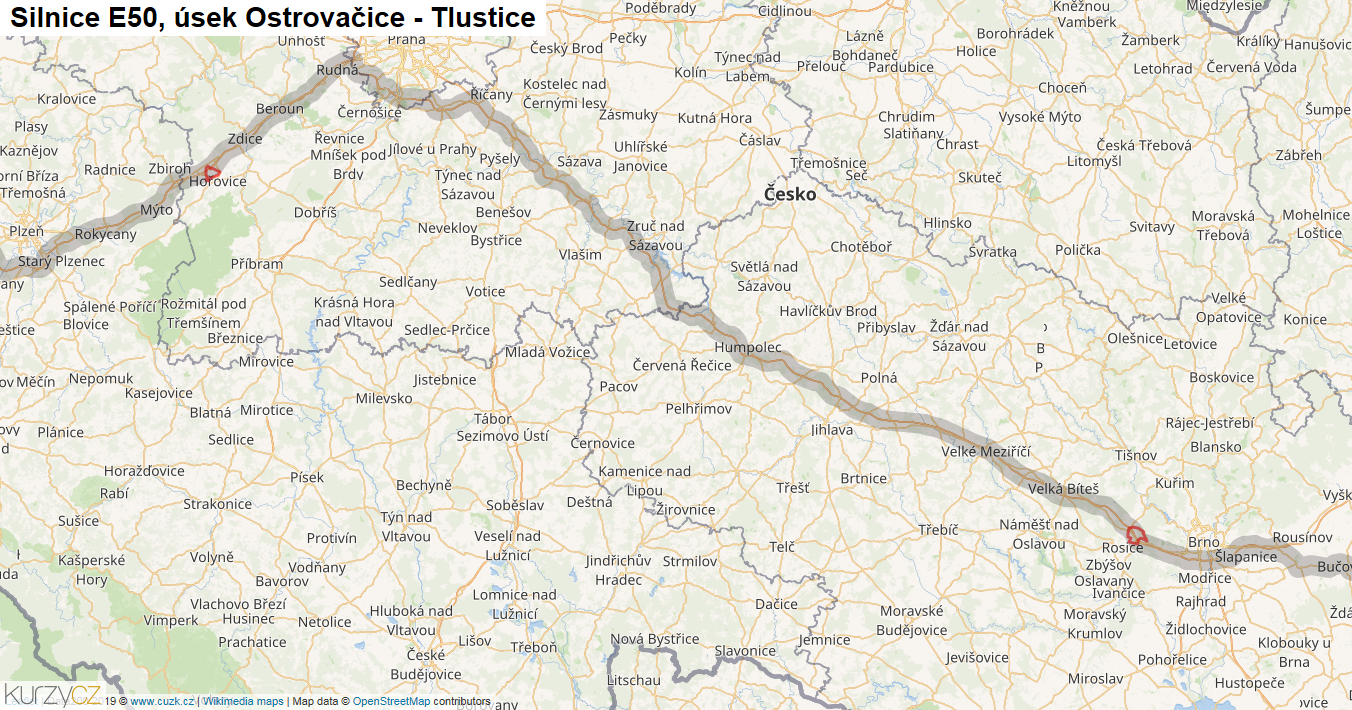 Úsek Ostrovačice - Tlustice, Silnice E50 - Mapa