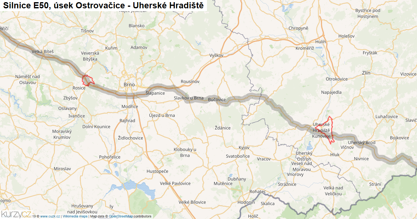 Úsek Ostrovačice - Uherské Hradiště, Silnice E50 - Mapa