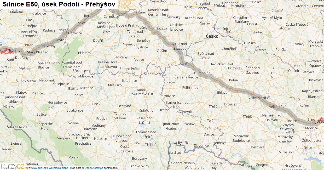 Úsek Podolí - Přehýšov, Silnice E50 - Mapa