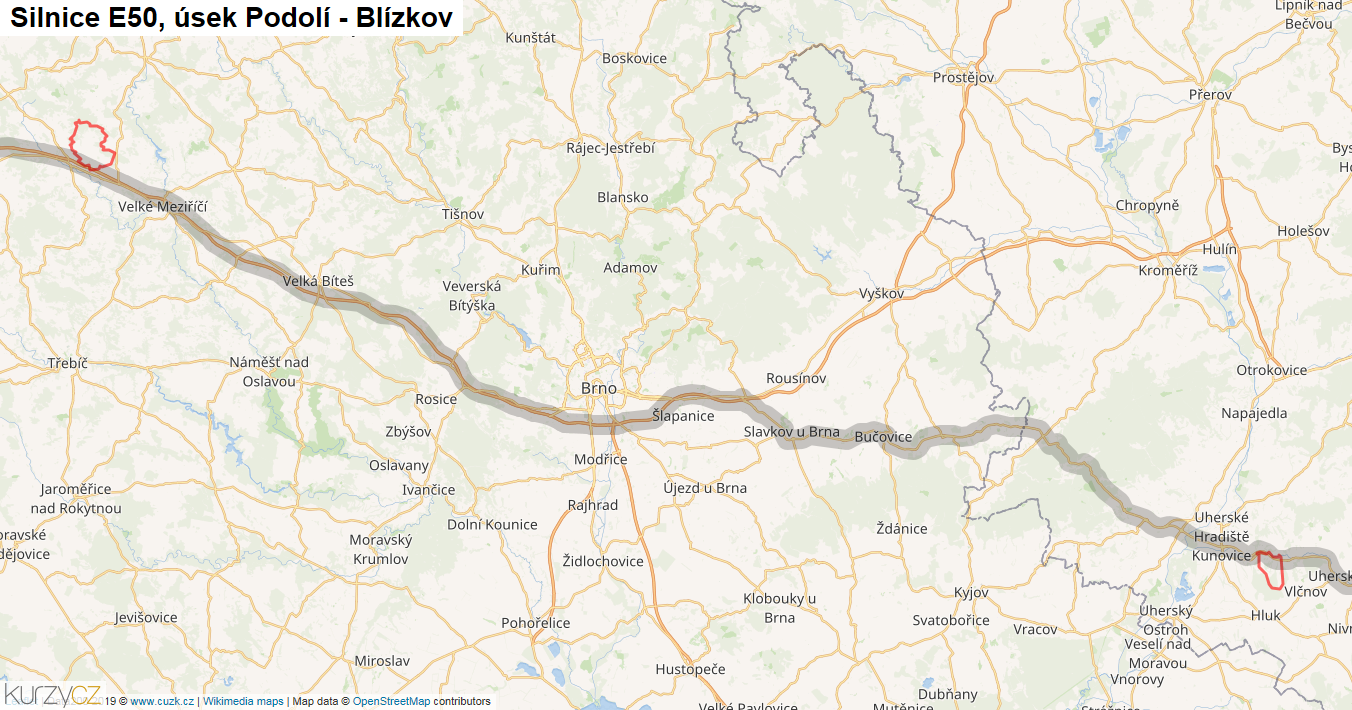 Úsek Podolí - Blízkov, Silnice E50 - Mapa