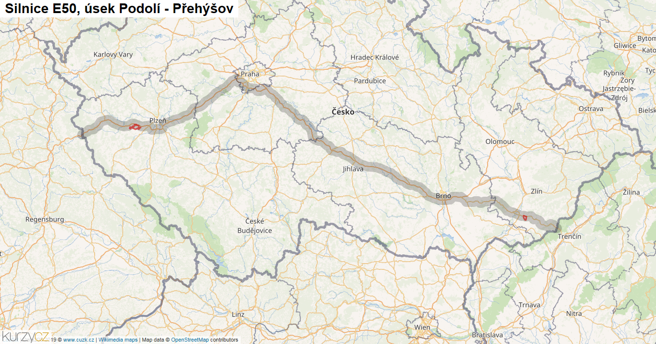 Úsek Podolí - Přehýšov, Silnice E50 - Mapa