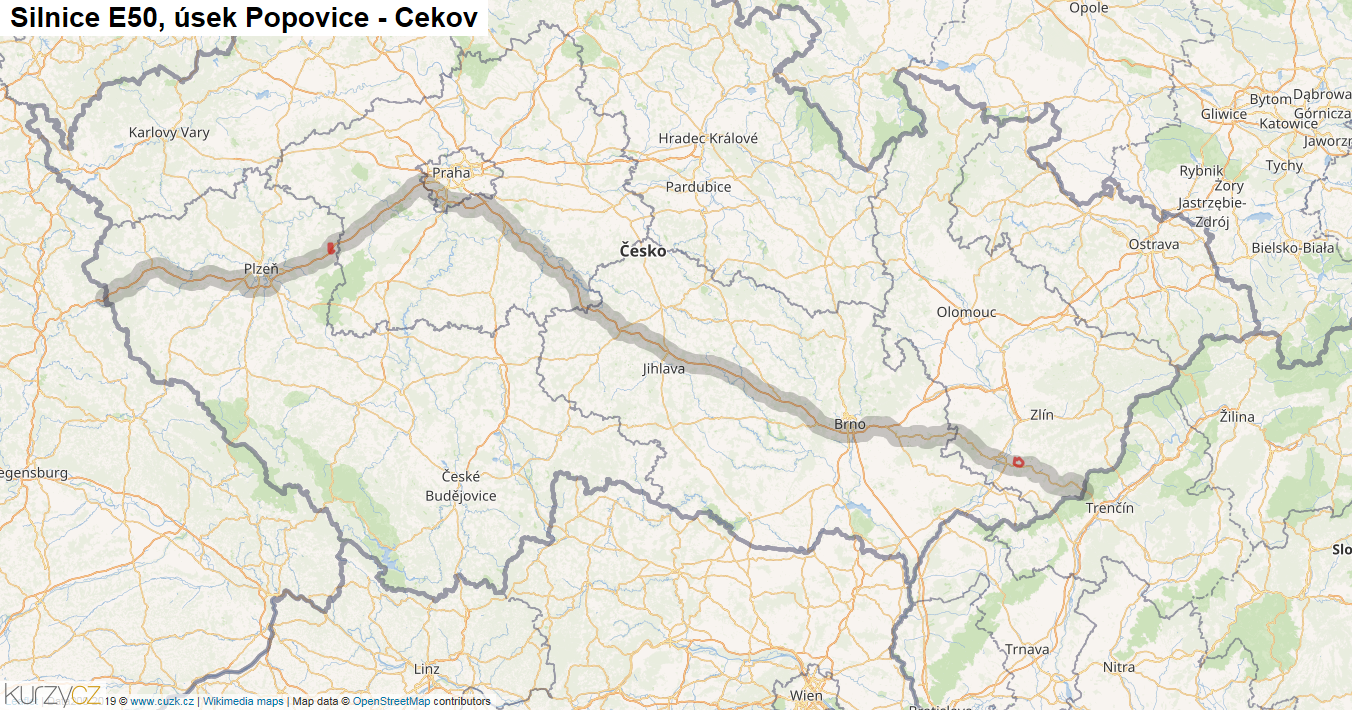 Úsek Popovice - Cekov, Silnice E50 - Mapa