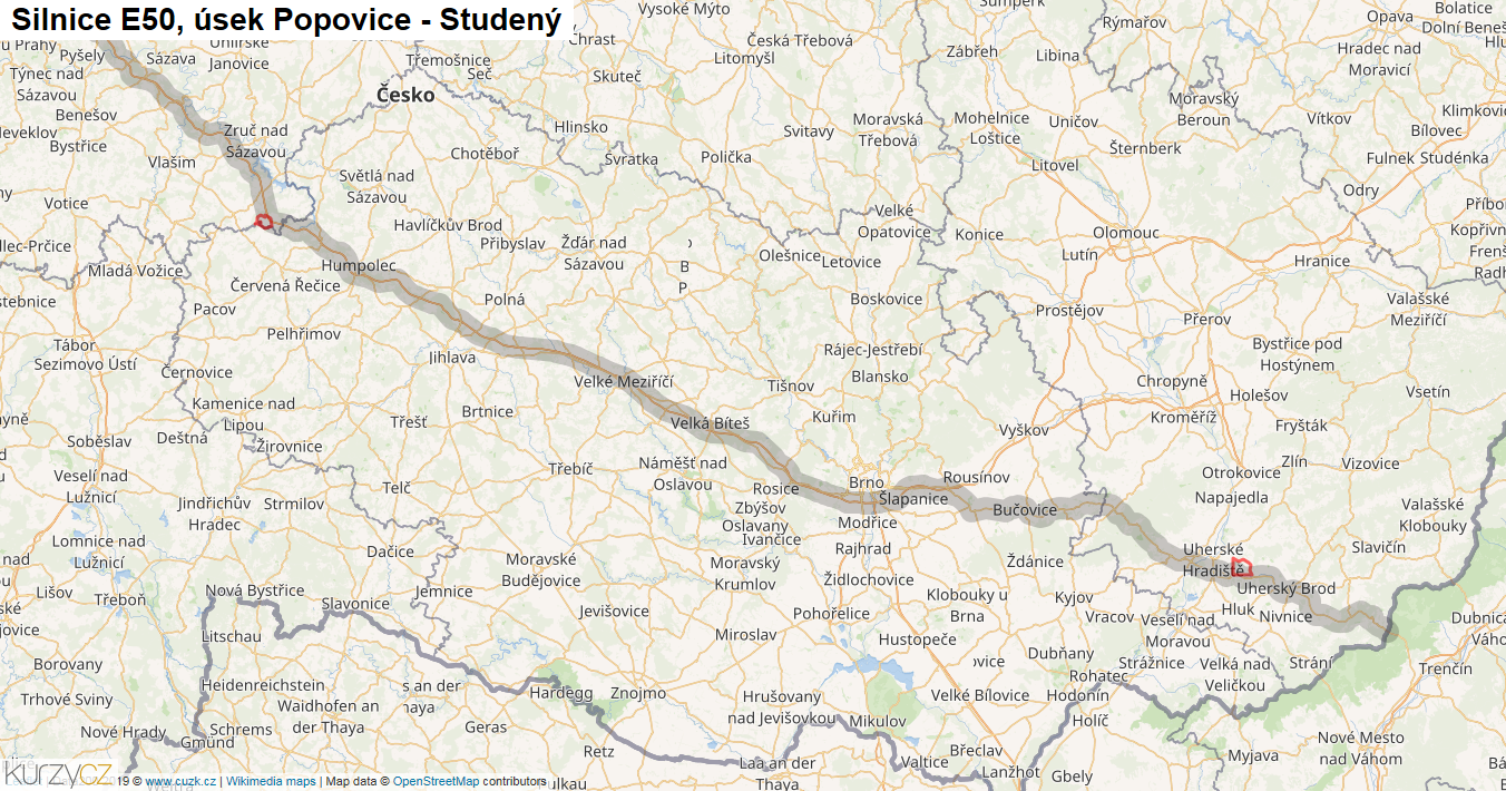 Úsek Popovice - Studený, Silnice E50 - Mapa