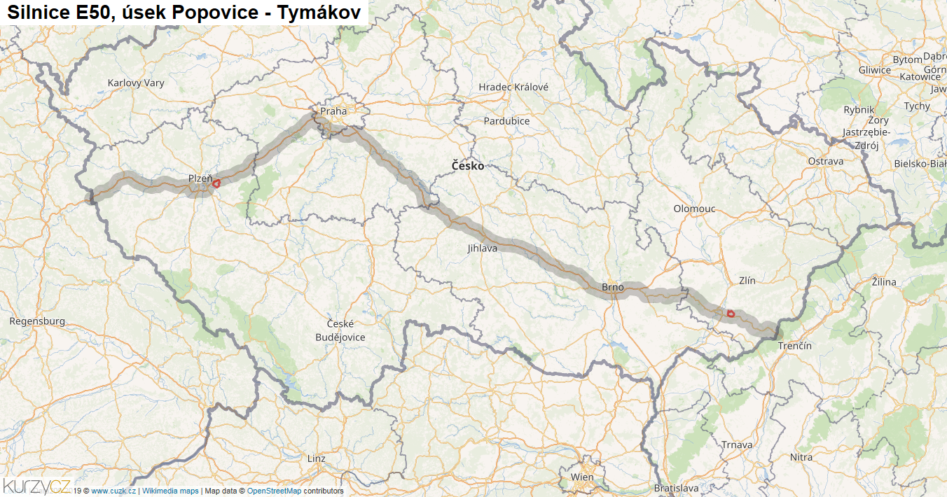 Úsek Popovice - Tymákov, Silnice E50 - Mapa