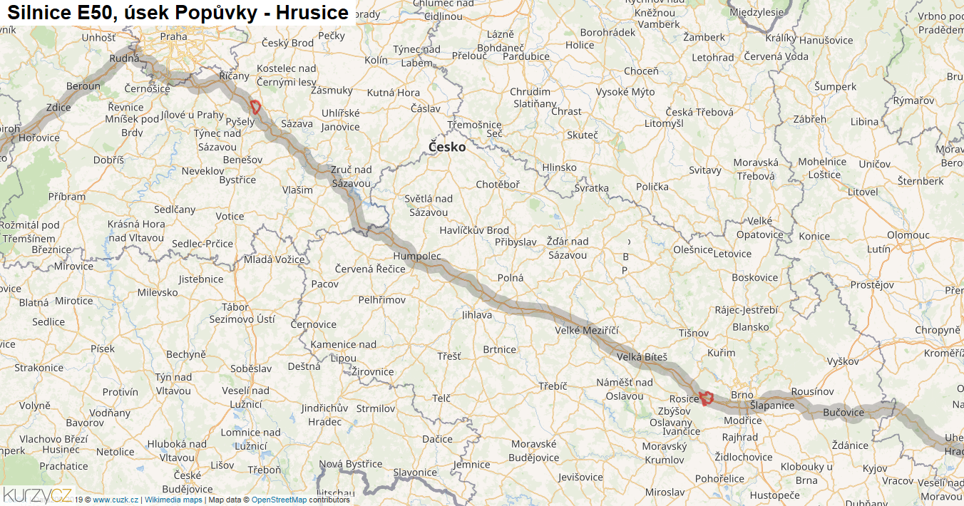 Úsek Popůvky - Hrusice, Silnice E50 - Mapa