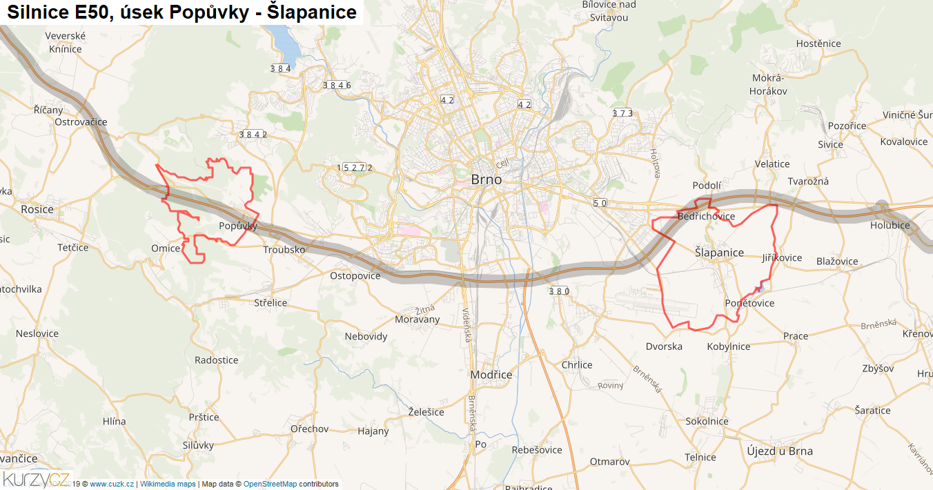 Úsek Popůvky - Šlapanice, Silnice E50 - Mapa