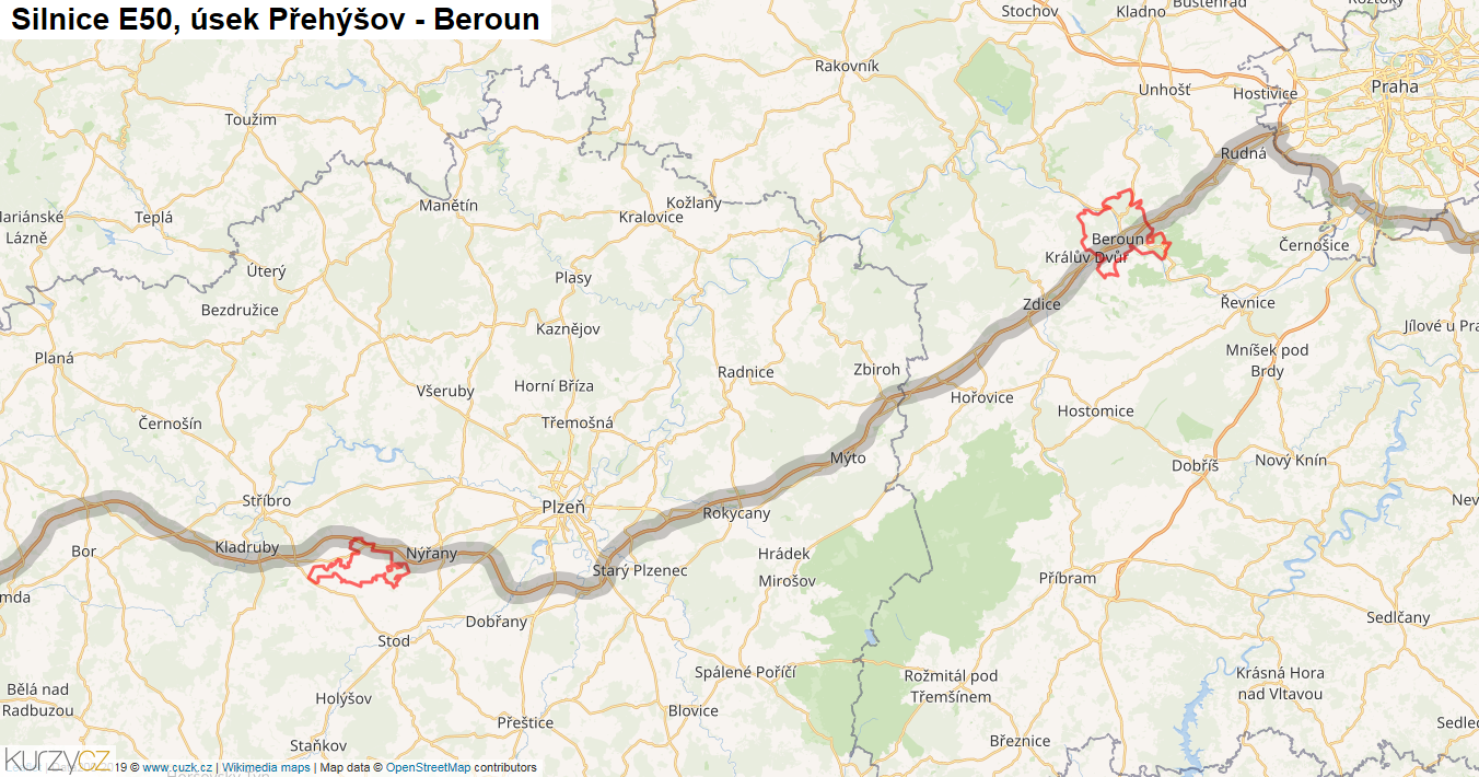 Úsek Přehýšov - Beroun, Silnice E50 - Mapa