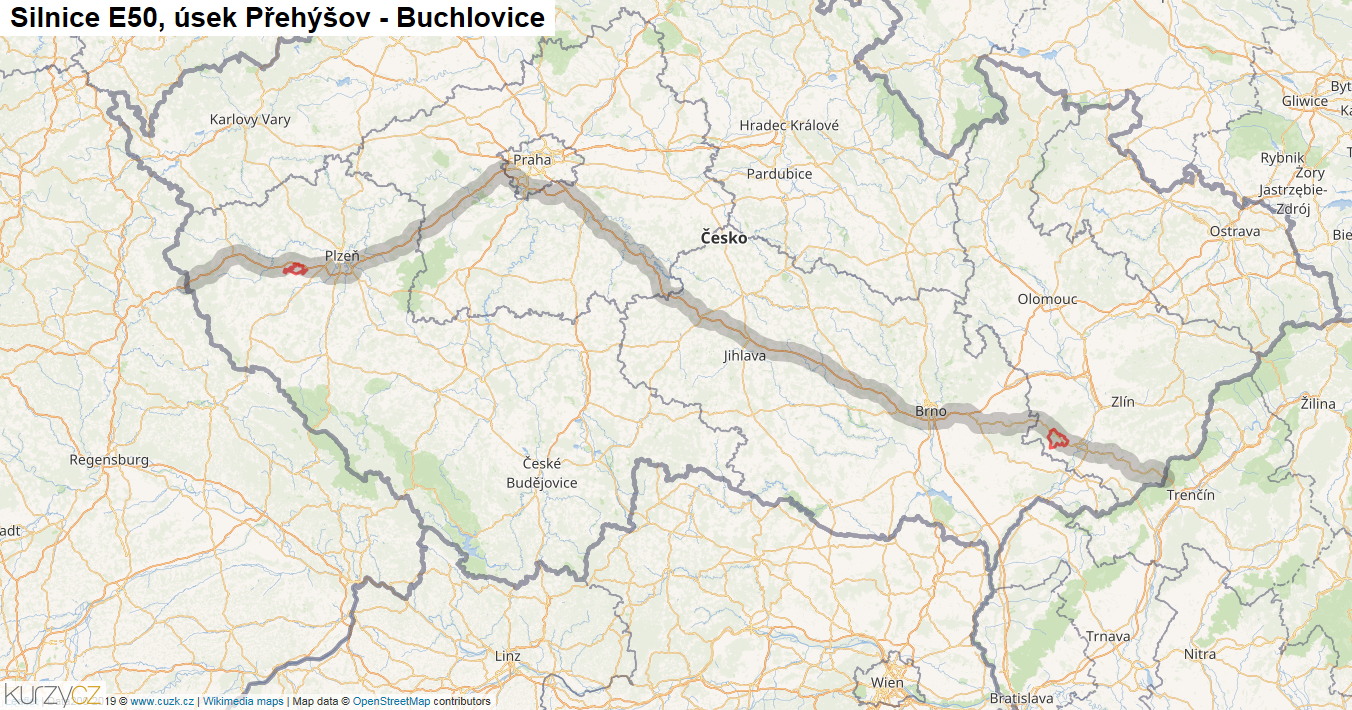 Úsek Přehýšov - Buchlovice, Silnice E50 - Mapa