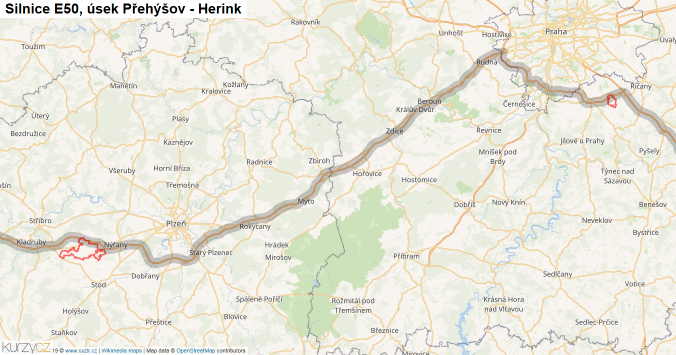 Úsek Přehýšov - Herink, Silnice E50 - Mapa
