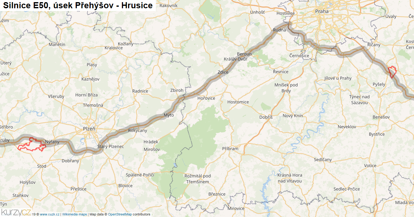 Úsek Přehýšov - Hrusice, Silnice E50 - Mapa