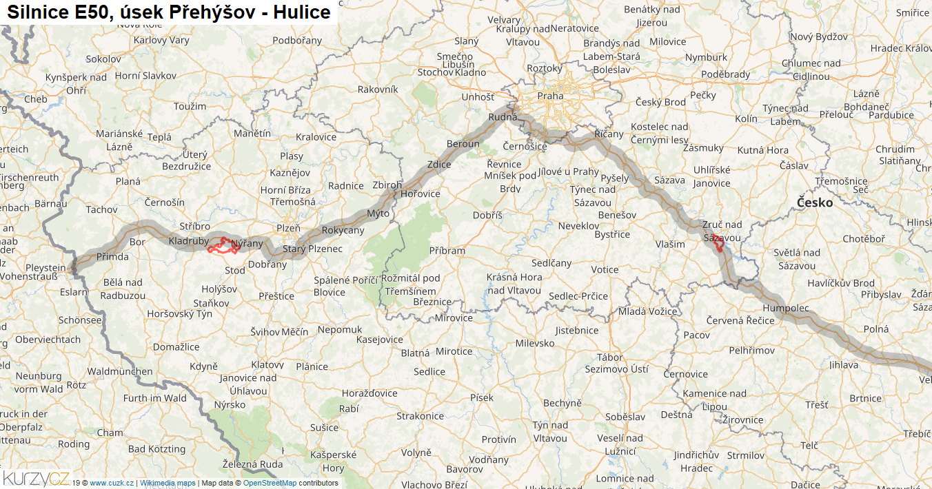 Úsek Přehýšov - Hulice, Silnice E50 - Mapa