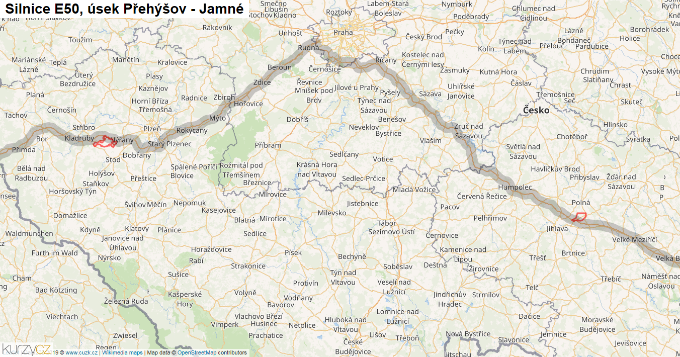 Úsek Přehýšov - Jamné, Silnice E50 - Mapa