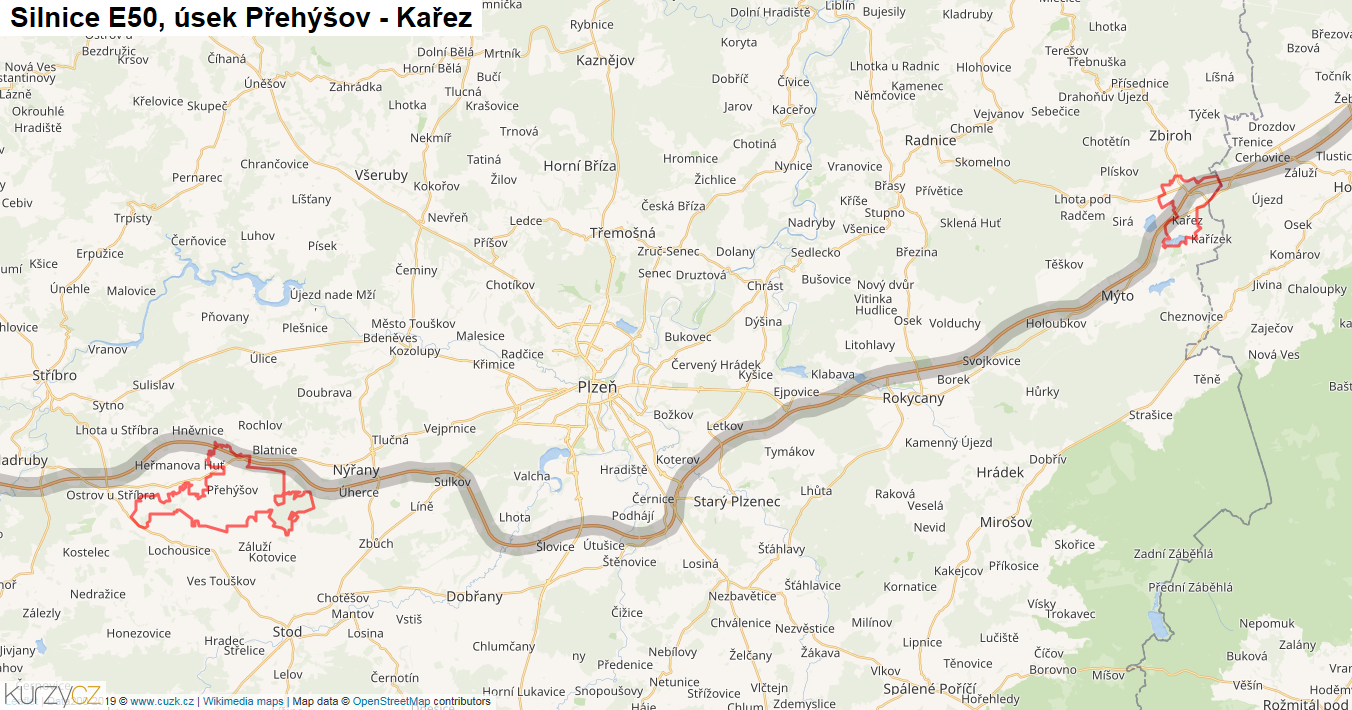 Úsek Přehýšov - Kařez, Silnice E50 - Mapa
