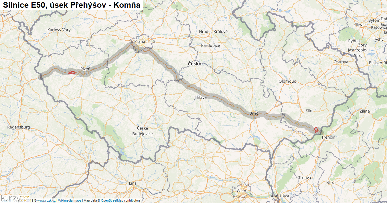 Úsek Přehýšov - Komňa, Silnice E50 - Mapa
