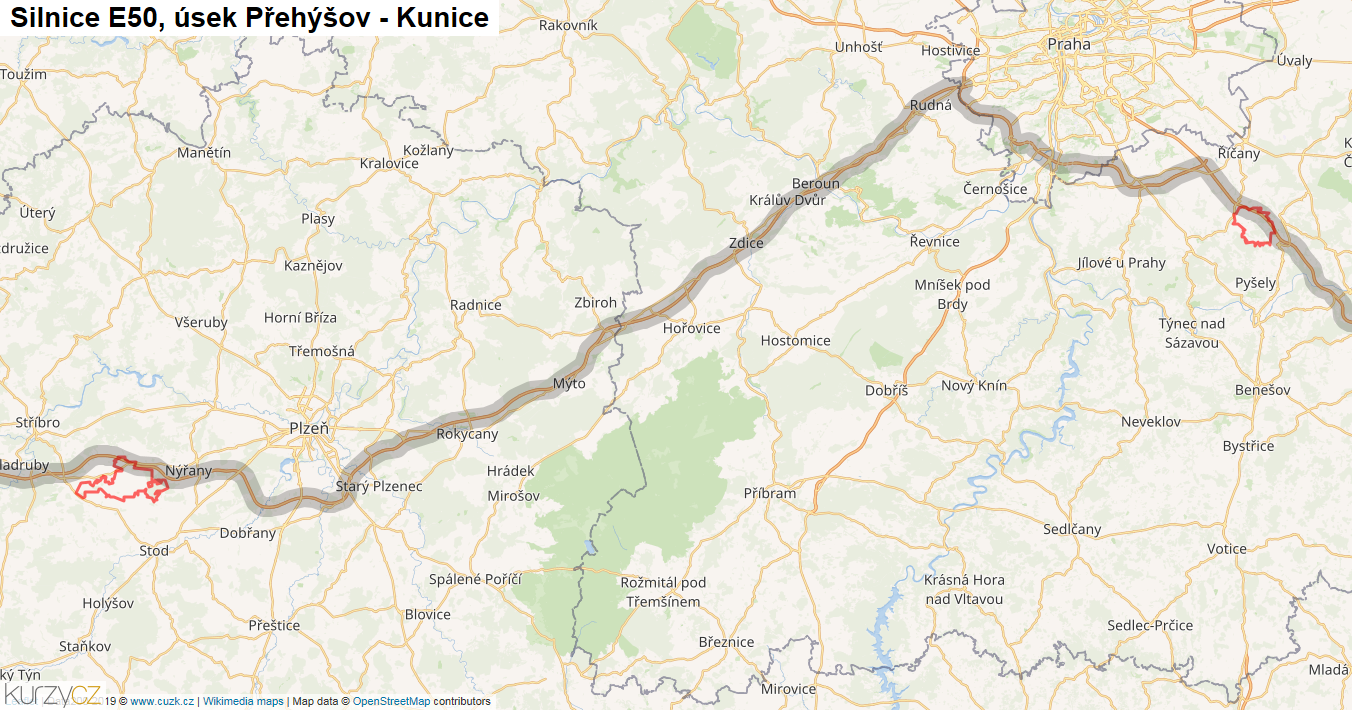 Úsek Přehýšov - Kunice, Silnice E50 - Mapa