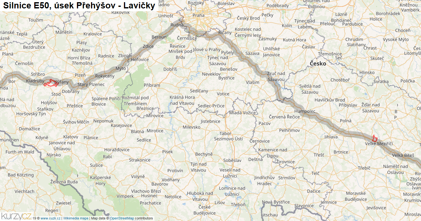 Úsek Přehýšov - Lavičky, Silnice E50 - Mapa
