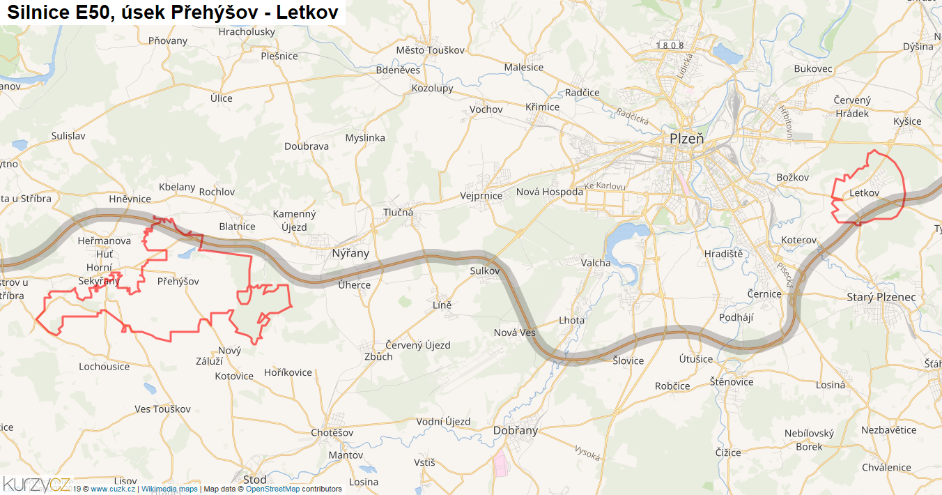 Úsek Přehýšov - Letkov, Silnice E50 - Mapa