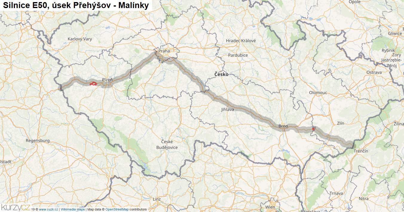 Úsek Přehýšov - Malínky, Silnice E50 - Mapa