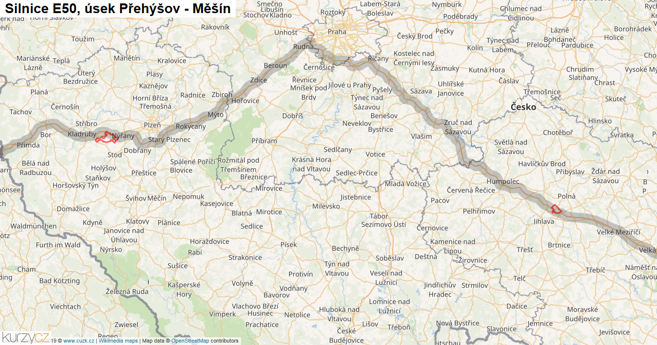 Úsek Přehýšov - Měšín, Silnice E50 - Mapa