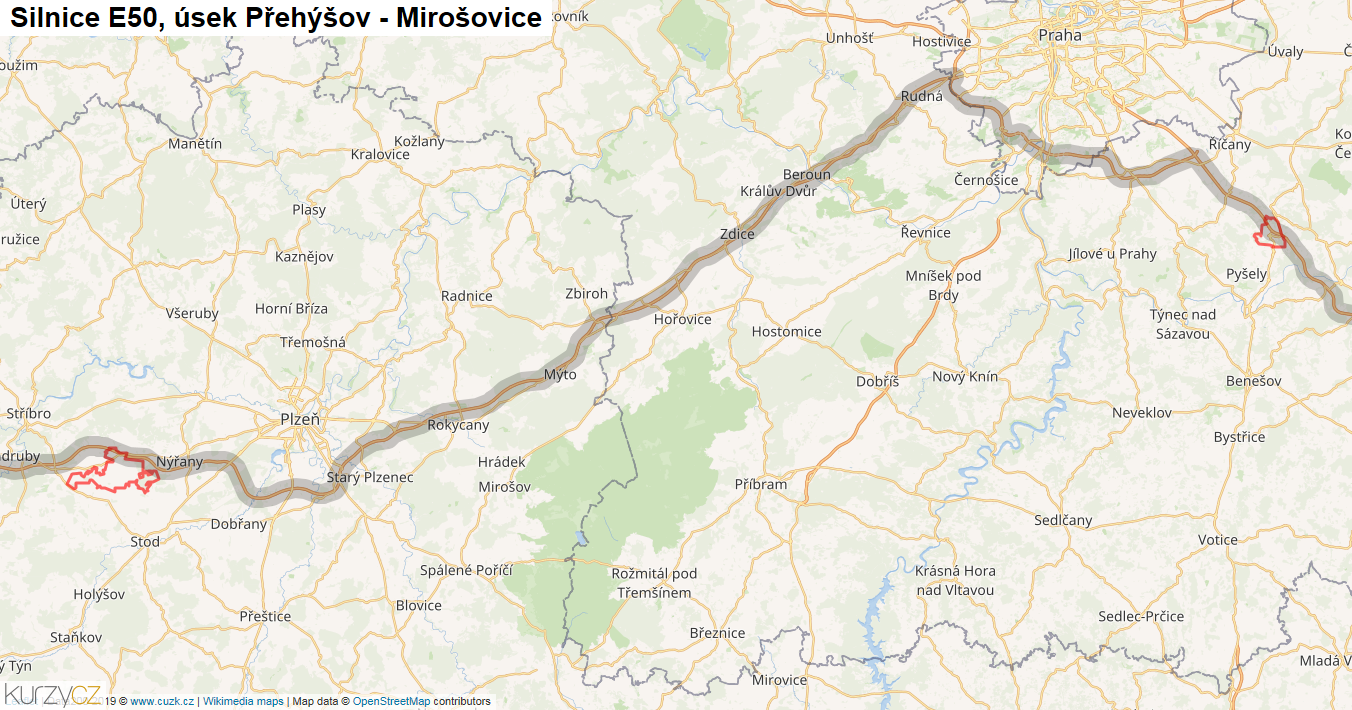 Úsek Přehýšov - Mirošovice, Silnice E50 - Mapa