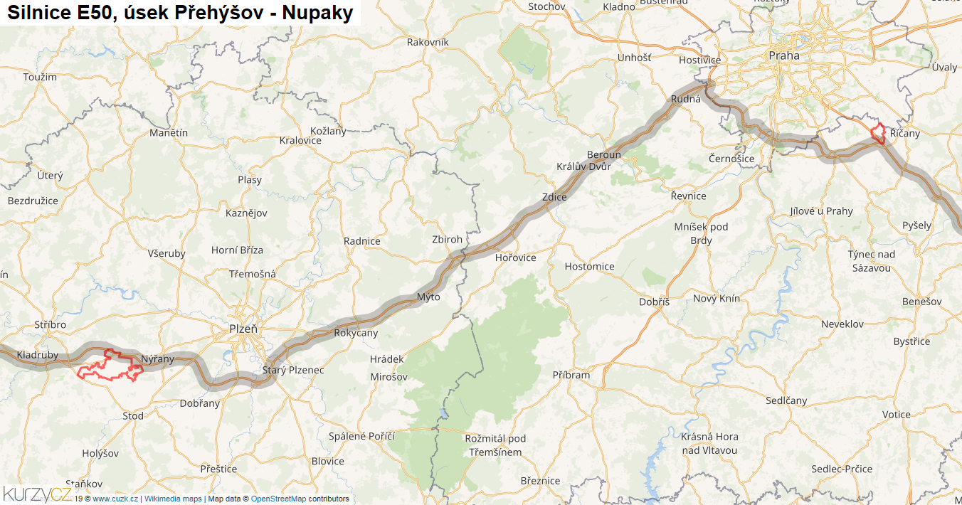 Úsek Přehýšov - Nupaky, Silnice E50 - Mapa