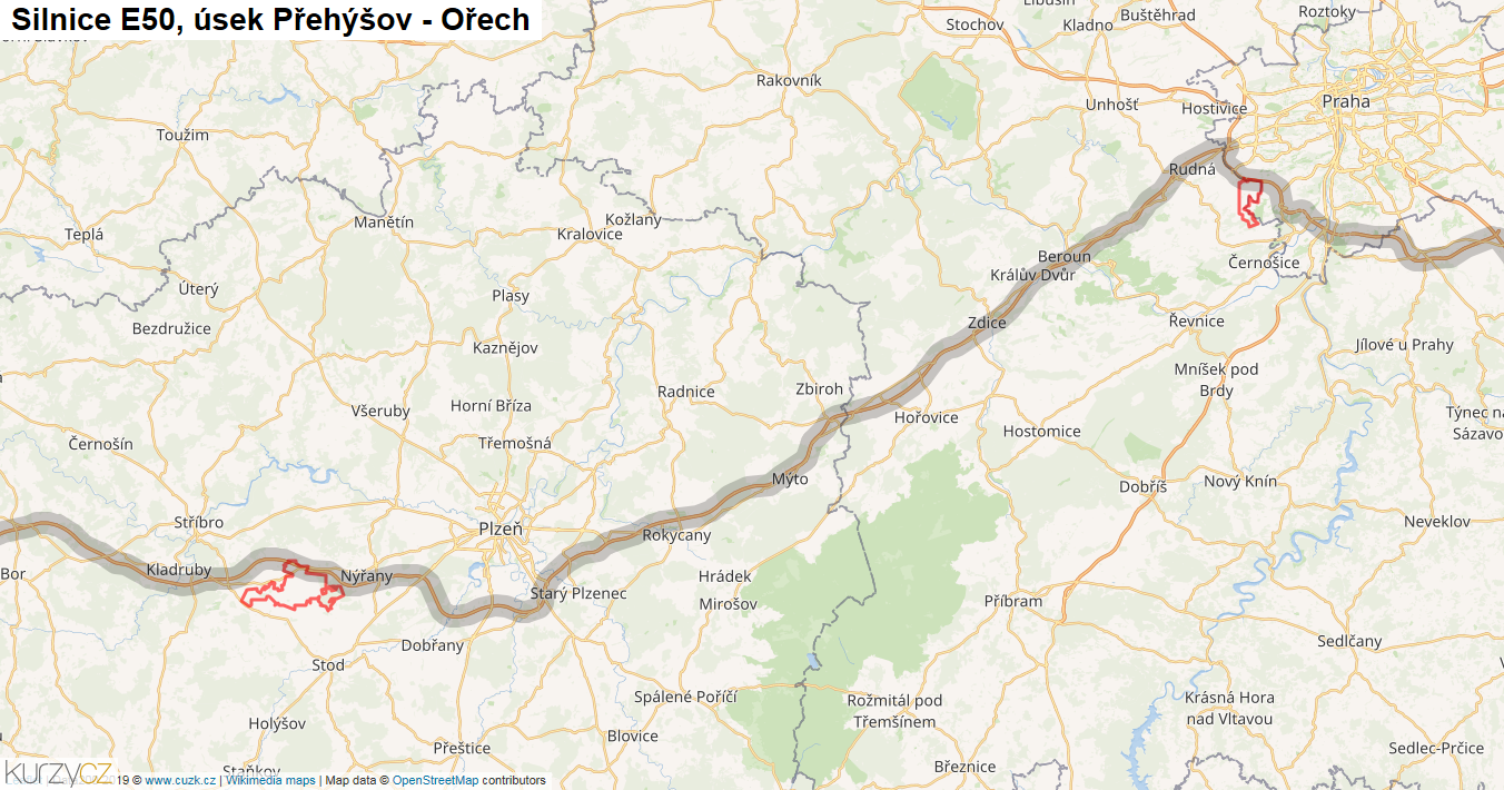 Úsek Přehýšov - Ořech, Silnice E50 - Mapa