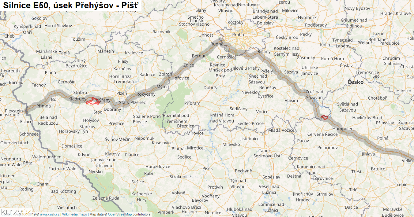 Úsek Přehýšov - Píšť, Silnice E50 - Mapa