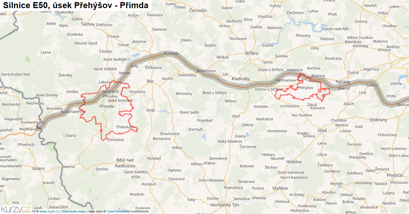 Úsek Přehýšov - Přimda, Silnice E50 - Mapa