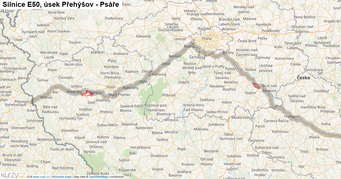 Úsek Přehýšov - Psáře, Silnice E50 - Mapa