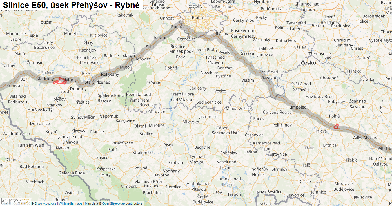 Úsek Přehýšov - Rybné, Silnice E50 - Mapa
