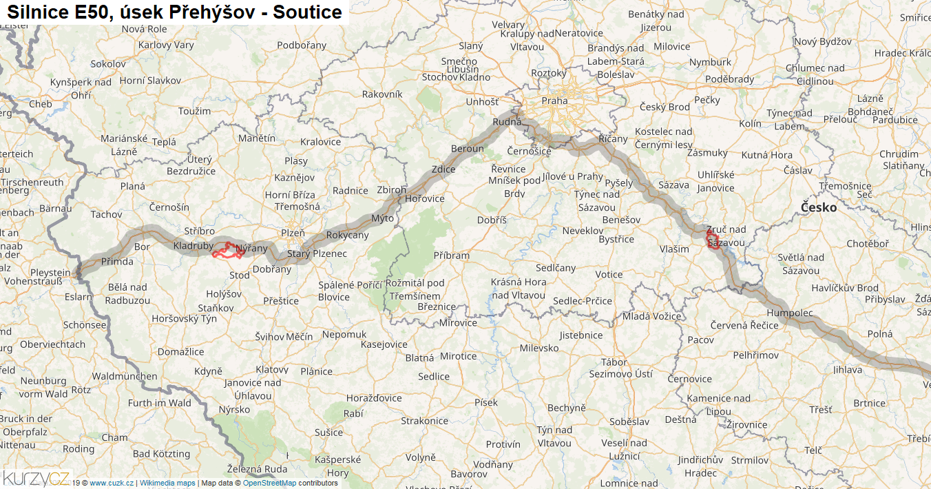Úsek Přehýšov - Soutice, Silnice E50 - Mapa