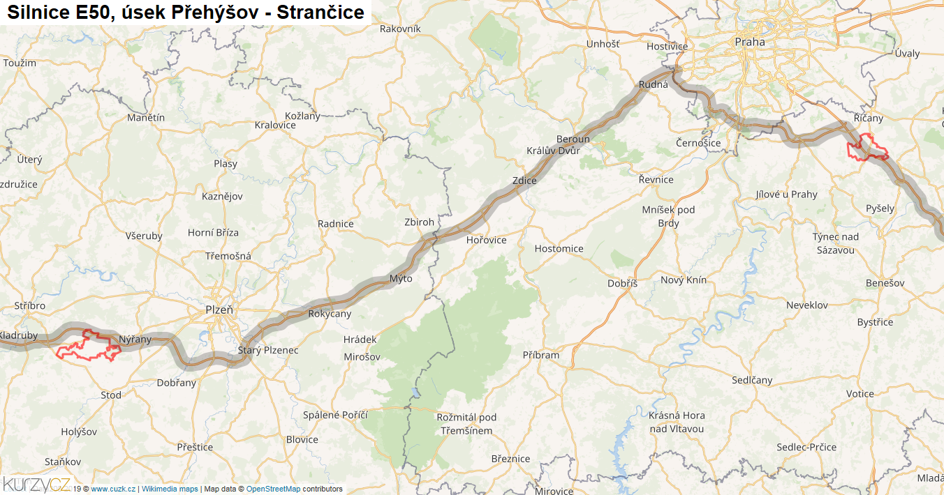 Úsek Přehýšov - Strančice, Silnice E50 - Mapa