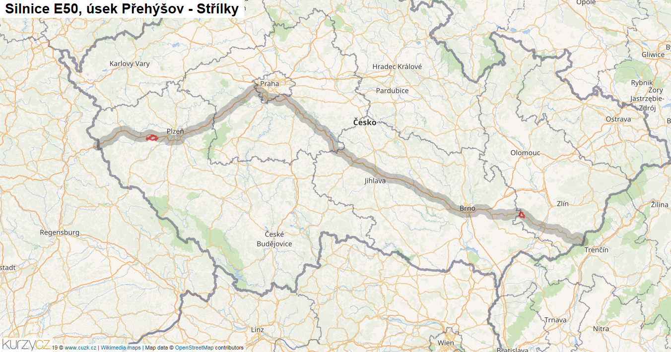 Úsek Přehýšov - Střílky, Silnice E50 - Mapa
